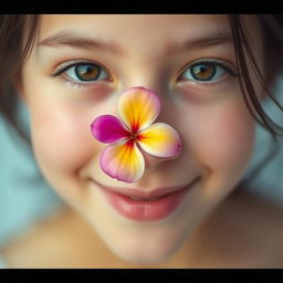 A beautifully artistic close-up of a girl's face adorned with a single vibrant flower delicately placed between her features