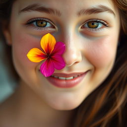 A beautifully artistic close-up of a girl's face adorned with a single vibrant flower delicately placed between her features