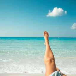 A portrait featuring a person sitting on the beach with their legs stretching out towards the sea