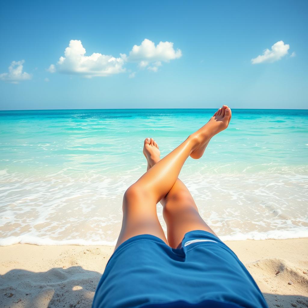 A portrait featuring a person sitting on the beach with their legs stretching out towards the sea