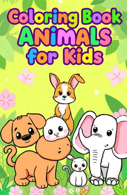 A vibrant illustration of several adorable animals in a lush green background, perfect for a children’s coloring book