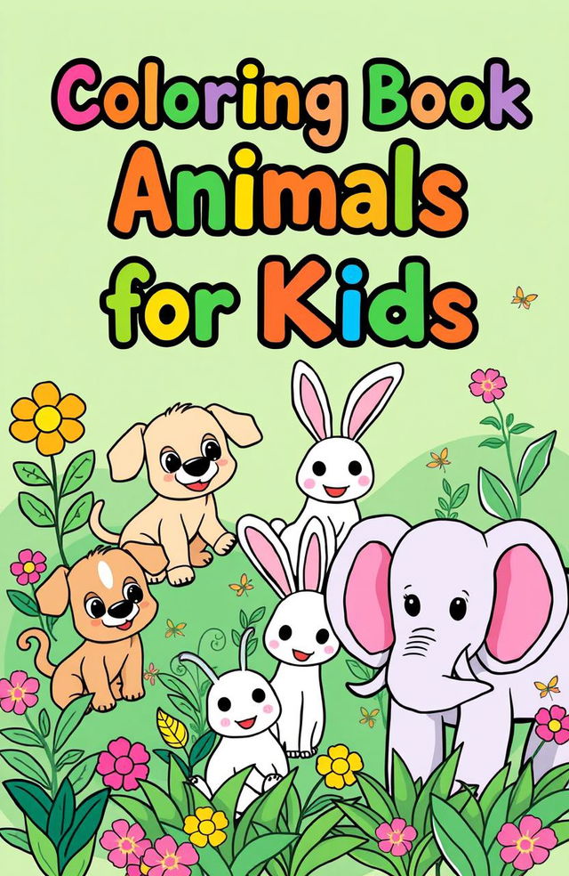 A vibrant illustration of several adorable animals in a lush green background, perfect for a children’s coloring book