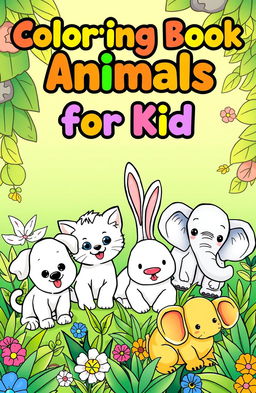 A vibrant illustration of several adorable animals in a lush green background, perfect for a children’s coloring book