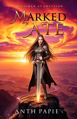 The cover of a fantasy book titled 'Marked by Fate', featuring a heroic young woman with long flowing hair, standing on a cliff against a dramatic sunset background