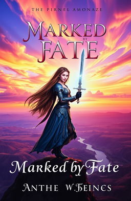 The cover of a fantasy book titled 'Marked by Fate', featuring a heroic young woman with long flowing hair, standing on a cliff against a dramatic sunset background