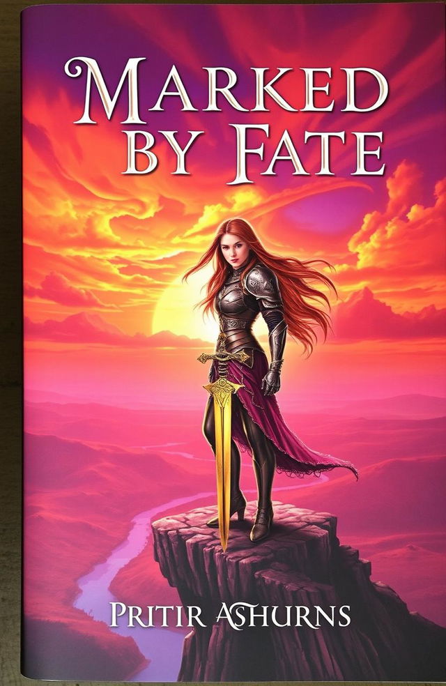 The cover of a fantasy book titled 'Marked by Fate', featuring a heroic young woman with long flowing hair, standing on a cliff against a dramatic sunset background