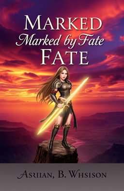 The cover of a fantasy book titled 'Marked by Fate', featuring a heroic young woman with long flowing hair, standing on a cliff against a dramatic sunset background