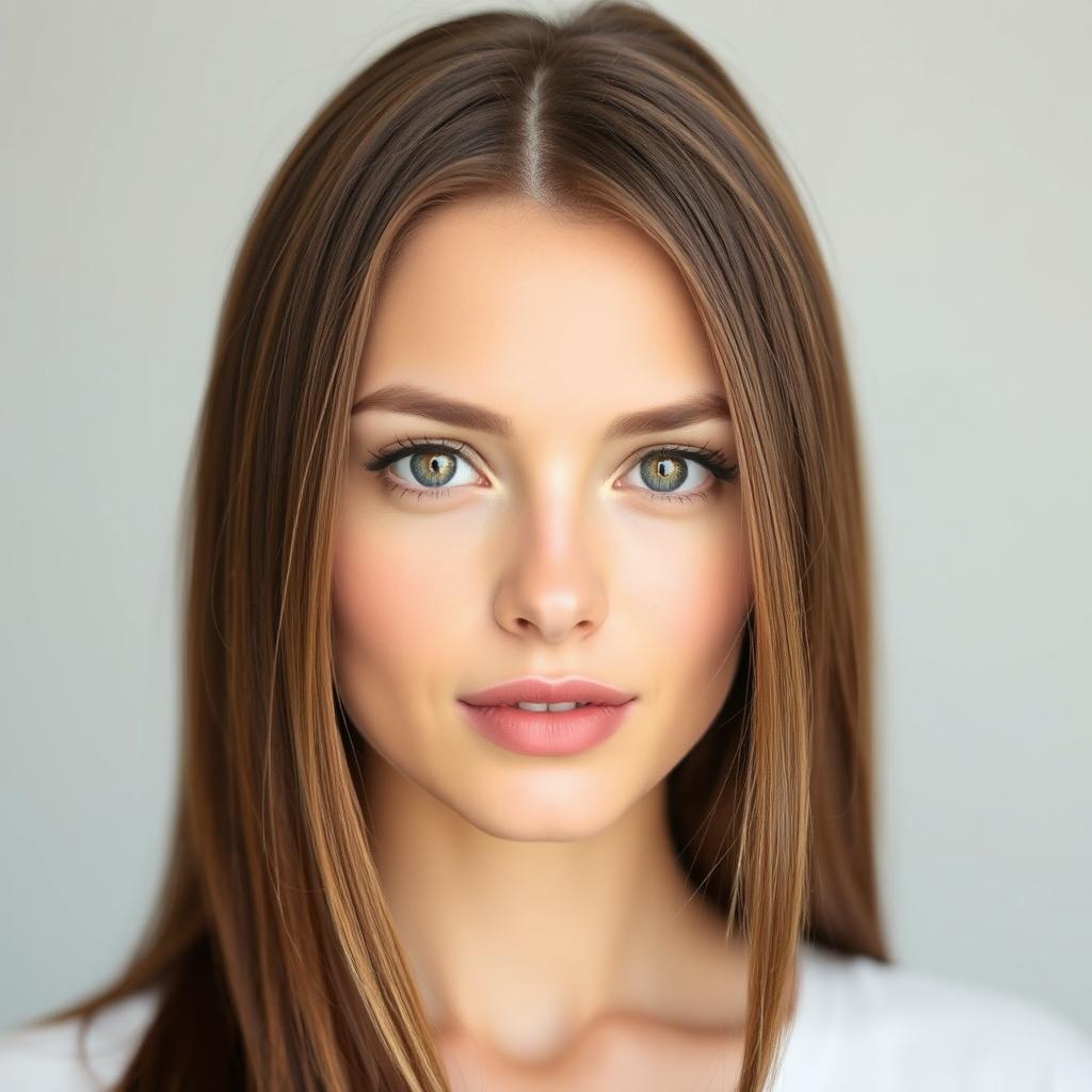 A portrait of a 32-year-old woman with an oval face, featuring well-groomed long or medium-length chestnut hair gently framing her features