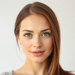 A portrait of a 32-year-old woman with an oval face, featuring well-groomed long or medium-length chestnut hair gently framing her features