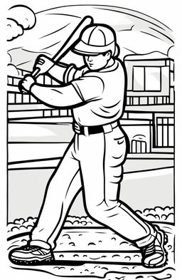 Coloring page of a baseball player about to hit a ball, with a simple background of a baseball field.