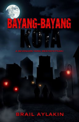 A chilling cover for a horror novel titled 'Bayang-Bayang Kota: Kebenaran yang Menyakitkan'