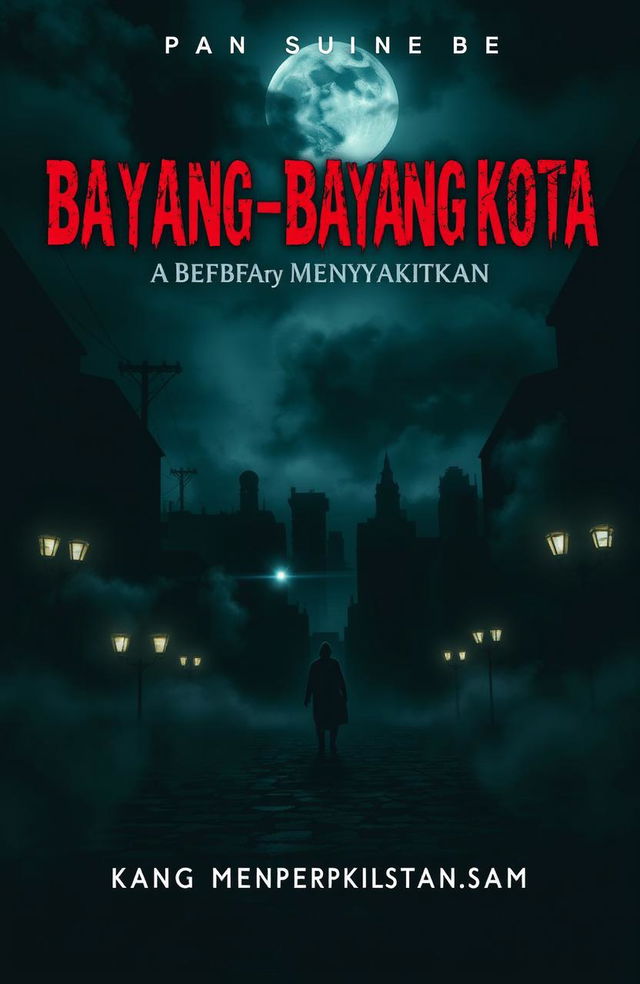 A chilling cover for a horror novel titled 'Bayang-Bayang Kota: Kebenaran yang Menyakitkan'