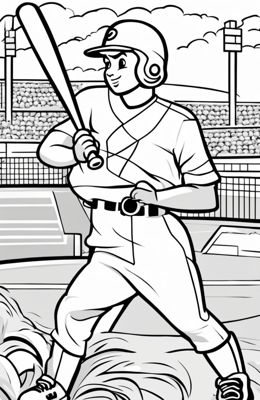 Coloring page of a baseball player about to hit a ball, with a simple background of a baseball field.