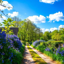 A picturesque scene of a quaint countryside lane lined with vibrant bluebells, showcasing the beauty of nature in full bloom