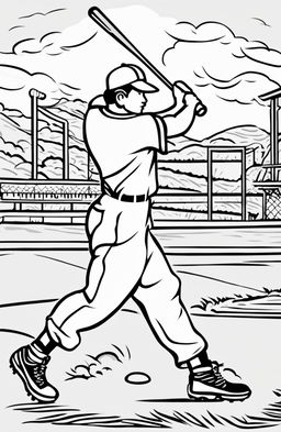 Coloring page of a baseball player about to hit a ball, with a simple background of a baseball field.