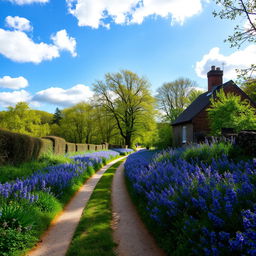 A picturesque scene of a quaint countryside lane lined with vibrant bluebells, showcasing the beauty of nature in full bloom