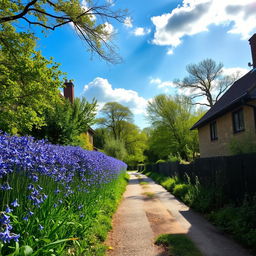 A picturesque scene of a quaint countryside lane lined with vibrant bluebells, showcasing the beauty of nature in full bloom