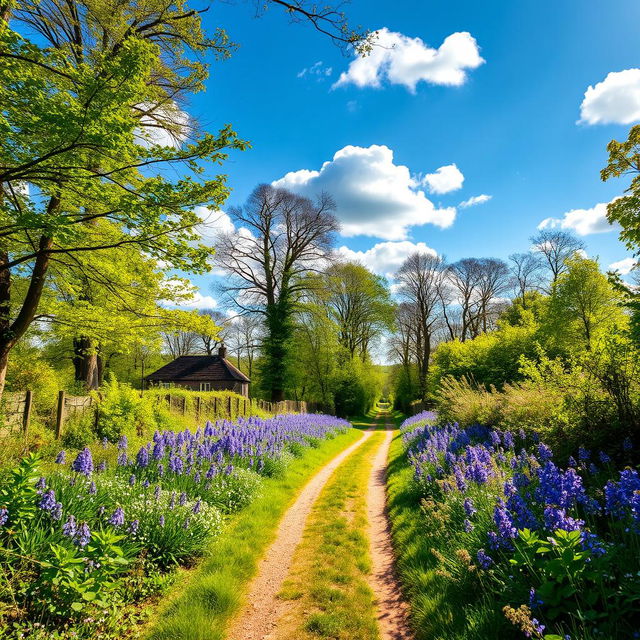 A picturesque scene of a quaint countryside lane lined with vibrant bluebells, showcasing the beauty of nature in full bloom