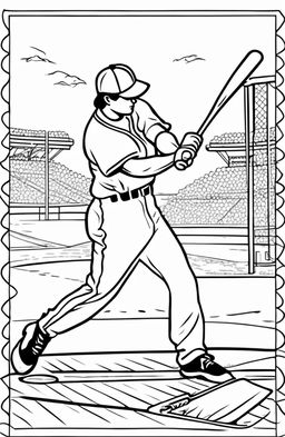 Coloring page of a baseball player about to hit a ball, with a simple background of a baseball field.