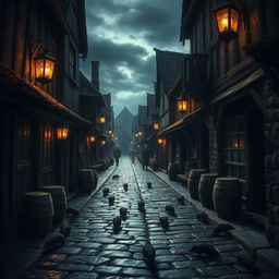 A medieval street bustling with activity, featuring cobblestone paths lined with wooden shops and barrels