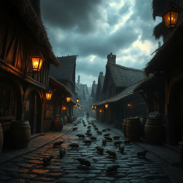 A medieval street bustling with activity, featuring cobblestone paths lined with wooden shops and barrels