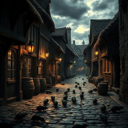 A medieval street bustling with activity, featuring cobblestone paths lined with wooden shops and barrels
