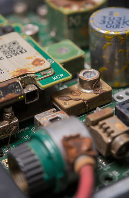 A close-up view of electronic components displaying various signs of corrosion, including greenish copper oxide on circuit boards and connectors, rusty metal parts, and damaged solder joints