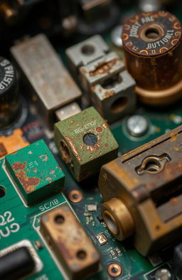 A close-up view of electronic components displaying various signs of corrosion, including greenish copper oxide on circuit boards and connectors, rusty metal parts, and damaged solder joints