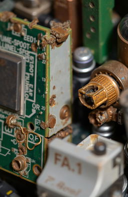 A close-up view of electronic components displaying various signs of corrosion, including greenish copper oxide on circuit boards and connectors, rusty metal parts, and damaged solder joints