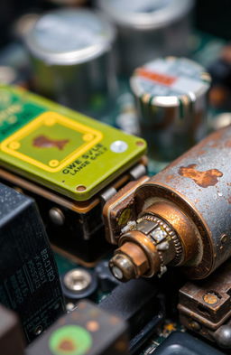 A close-up view of electronic components displaying various signs of corrosion, including greenish copper oxide on circuit boards and connectors, rusty metal parts, and damaged solder joints