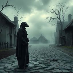 A hauntingly beautiful depiction of the Black Death, showcasing a medieval village ravaged by the plague