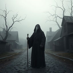 A hauntingly beautiful depiction of the Black Death, showcasing a medieval village ravaged by the plague
