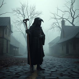 A hauntingly beautiful depiction of the Black Death, showcasing a medieval village ravaged by the plague