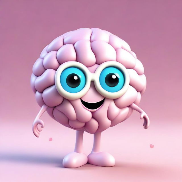 Create a charming 3D character modelled in the form of a cute brain.