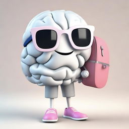 A cute 3D character in the form of a brain, wearing a stylish backpack.