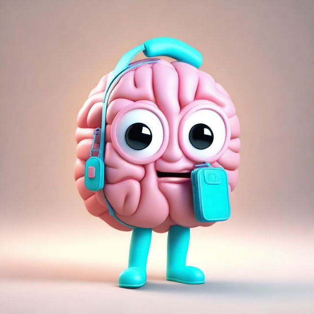 A cute 3D character in the form of a brain, wearing a stylish backpack.