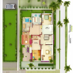 Generate a 3D model of an east-facing 30ft x 60ft floor plan, designed according to residential architectural trends in India.