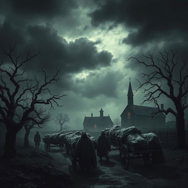 A hauntingly atmospheric depiction of the Black Death in medieval Europe, showcasing a dark, plague-ridden landscape