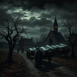 A hauntingly atmospheric depiction of the Black Death in medieval Europe, showcasing a dark, plague-ridden landscape