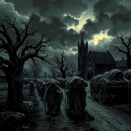 A hauntingly atmospheric depiction of the Black Death in medieval Europe, showcasing a dark, plague-ridden landscape