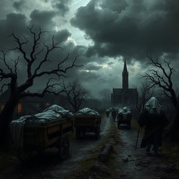 A hauntingly atmospheric depiction of the Black Death in medieval Europe, showcasing a dark, plague-ridden landscape