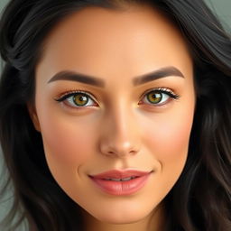 A portrait of a 35-year-old woman with an oval or slightly square face featuring well-defined features
