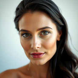 A portrait of a 35-year-old woman with an oval or slightly square face featuring well-defined features