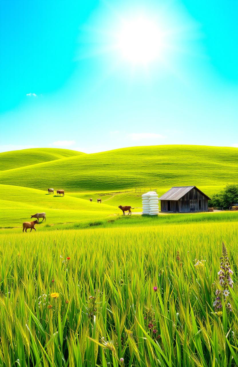 A picturesque farm landscape featuring a serene countryside scene with rolling green hills under a bright blue sky