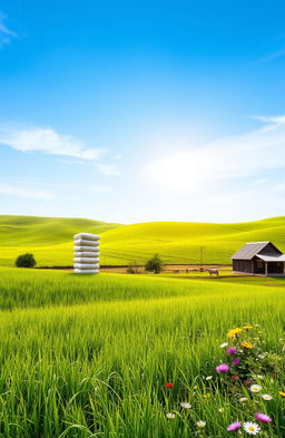 A picturesque farm landscape featuring a serene countryside scene with rolling green hills under a bright blue sky