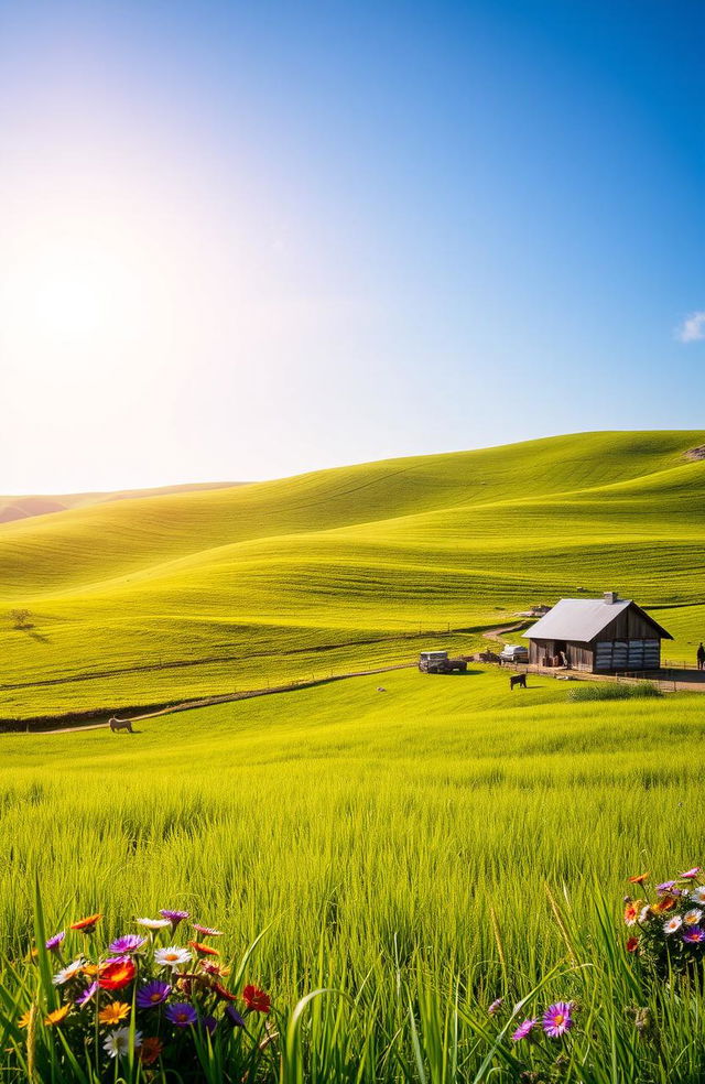 A picturesque farm landscape featuring a serene countryside scene with rolling green hills under a bright blue sky