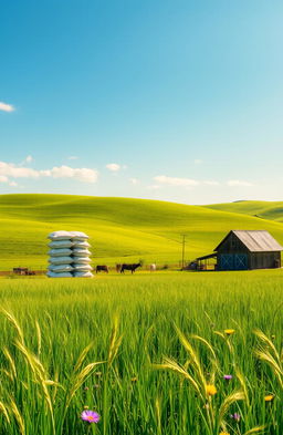 A picturesque farm landscape featuring a serene countryside scene with rolling green hills under a bright blue sky