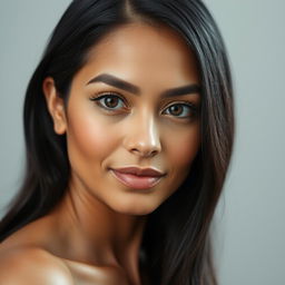 A portrait of a 35-year-old woman with an oval or slightly square face featuring well-defined features