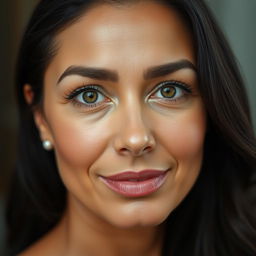 A portrait of a 35-year-old woman with an oval or slightly square face featuring well-defined features