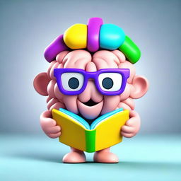 Create a colorful 3D character of a cute, nerdy brain with glasses, wearing a stylish backpack.